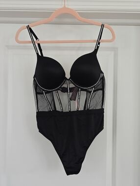 Victoria's Secret Black Embellished Mesh Bodysuit Lingerie